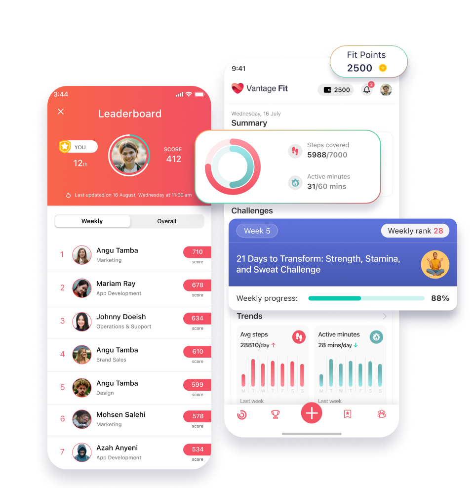 Vantage Fit app: leaderboard, activity rings, challenges, and weekly trends